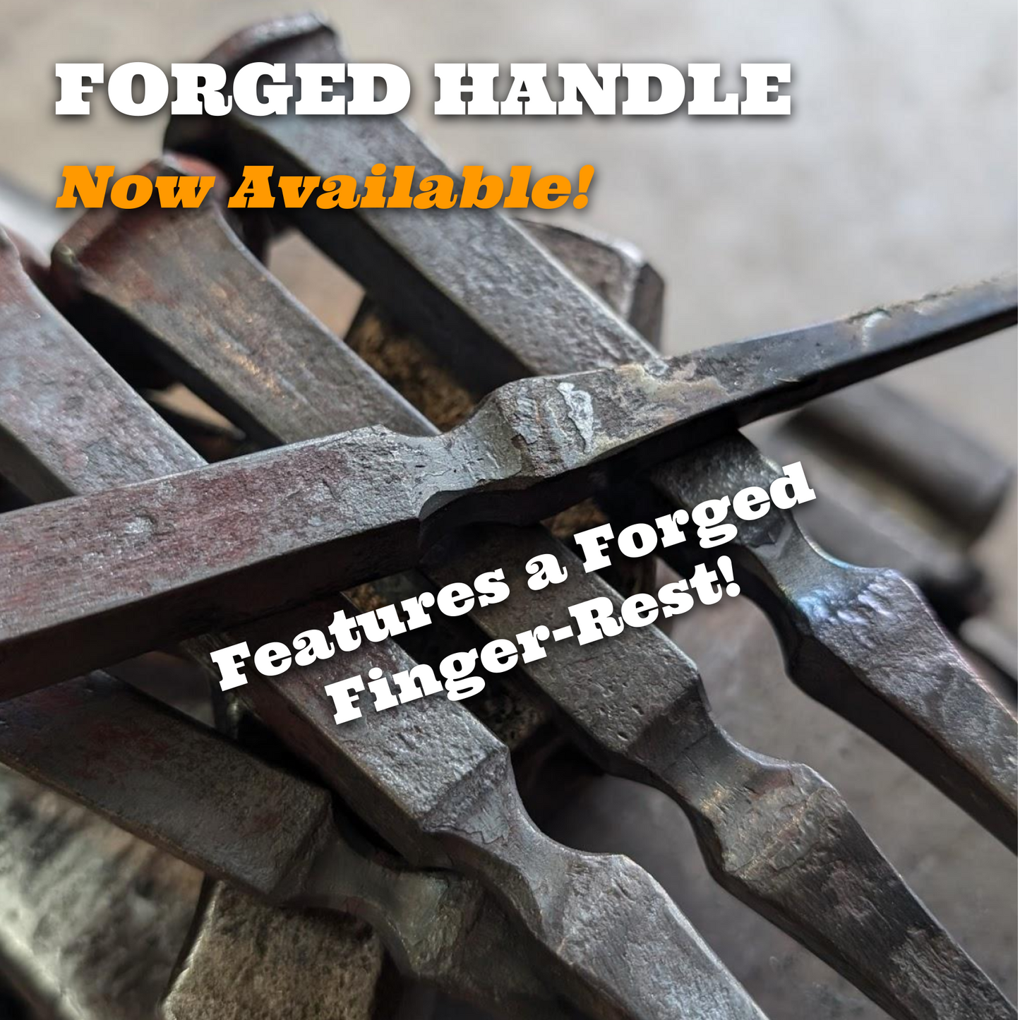 Metal tool handles with text highlighting a 'Forged Handle' feature