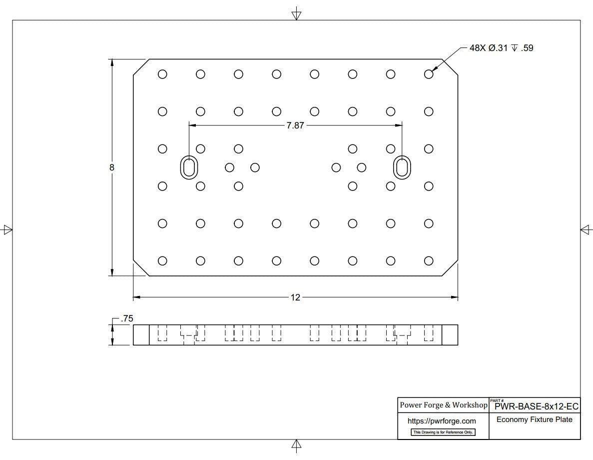 Technical drawing of a rectangular fixture plate with dimensions and features