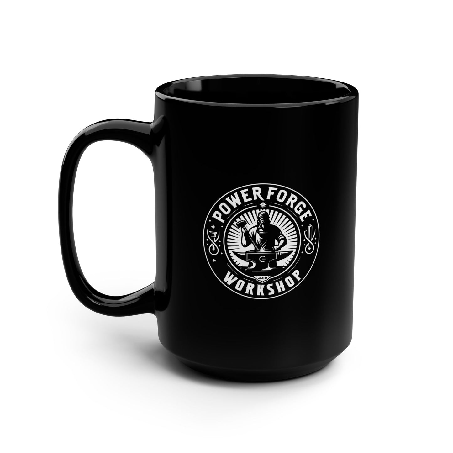 Blacksmith Mug, Power Forge & Workshop Merch, Black Coffee Cup, 15oz, Metalworker Gift, Blacksmithing Mug