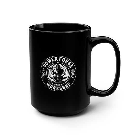 Blacksmith Mug, Power Forge & Workshop Merch, Black Coffee Cup, 15oz, Metalworker Gift, Blacksmithing Mug