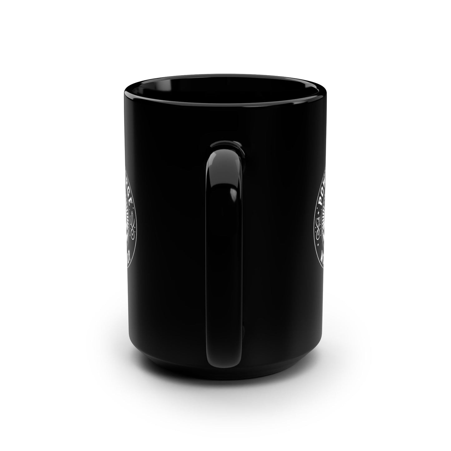 Blacksmith Mug, Power Forge & Workshop Merch, Black Coffee Cup, 15oz, Metalworker Gift, Blacksmithing Mug