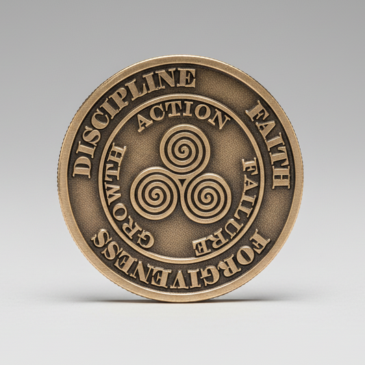 A bronze coin with the words Forgiveness, Discipline, Faith, Failure, Growth, and Action surrounding the Celtic Triskelle symbol. 