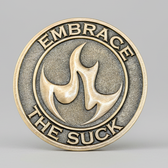 A bronze coin with the phrase Embrace the Suck and a Stoic flame in then center