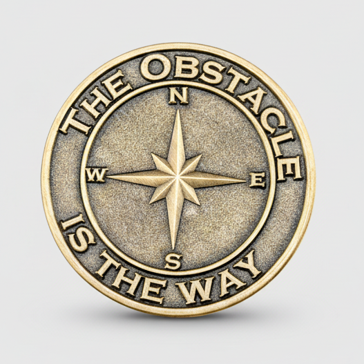 A bronze coin celebrating the Stoic phrase the Obstacle is the Way which surrounds a compass rose. 