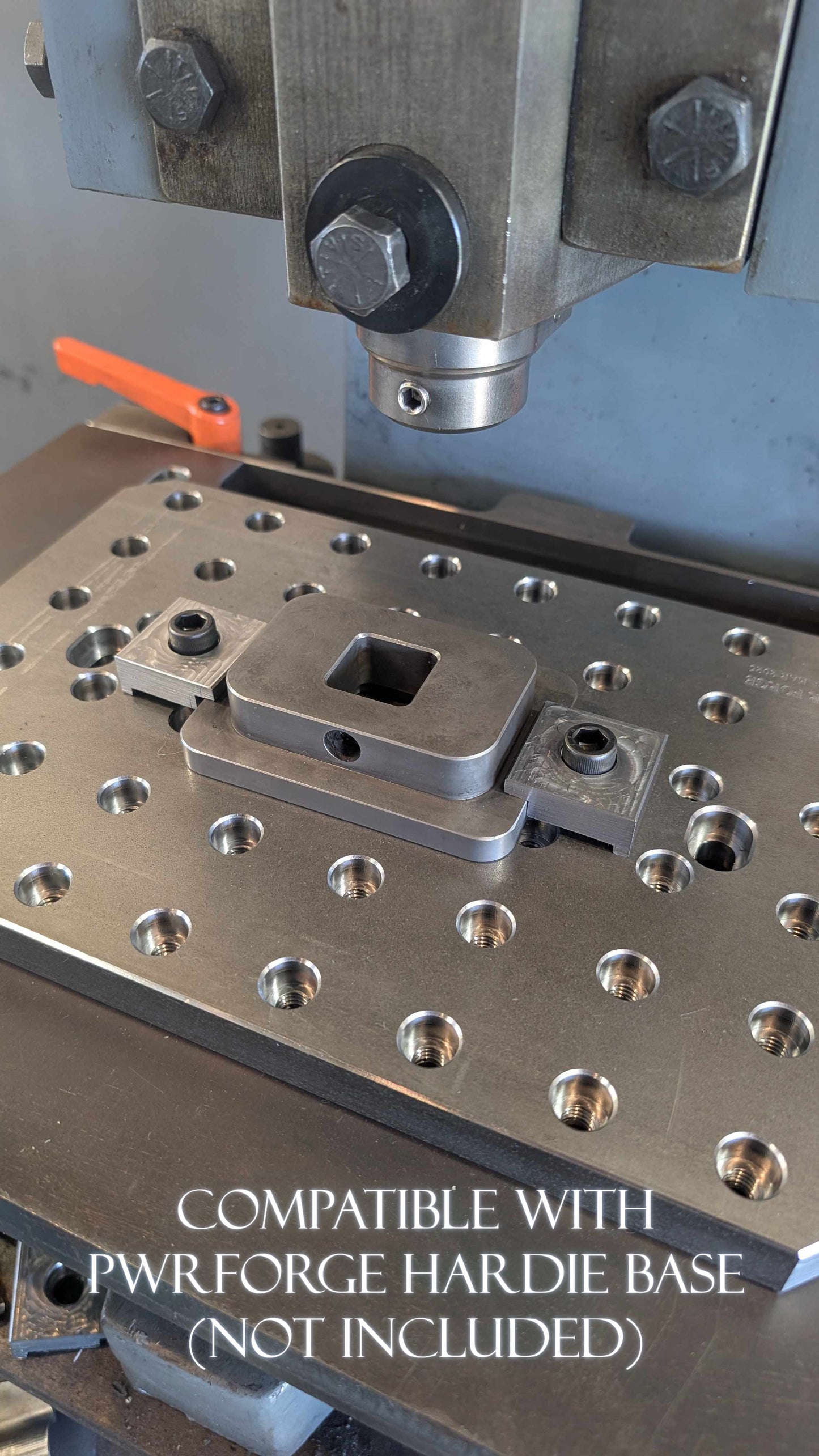 Metalworking machine with text indicating compatibility with a PwrForge hardie base.