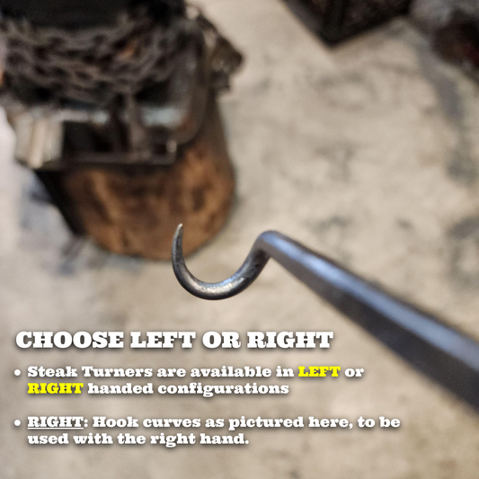 Metal steak turner with text indicating left or right handed options on a blurred background.