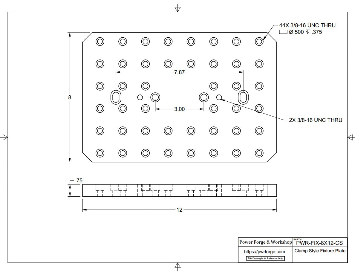 Technical drawing of a clamp-style fixture plate with dimensions and specifications.