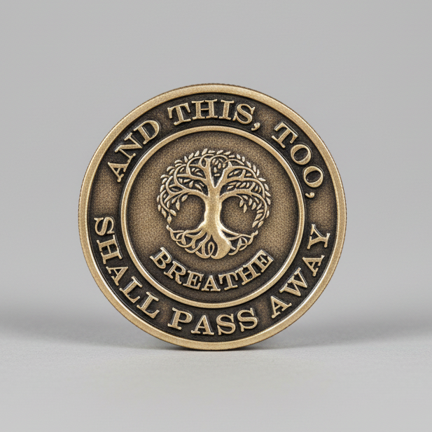 Bronze Coin with the words And this, too, shall pass away surrounding the tree of life. 